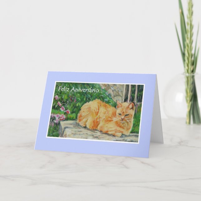 Birthday Card, Portuguese Greeting, Ginger Cat Card (Front)