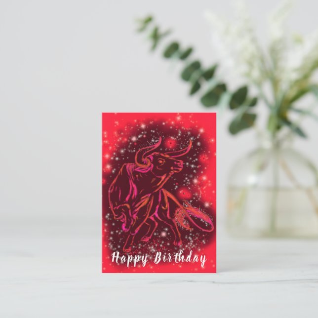 Birthday Card Red Bull Running At Starry Night (Standing Front)