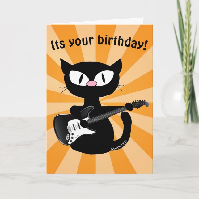 Birthday Card - Rocker Black Cartoon Cat w/ Guitar (Front)