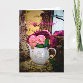 BIRTHDAY CARD SHOWING ANTIQUE TEA POT WITH ROSES