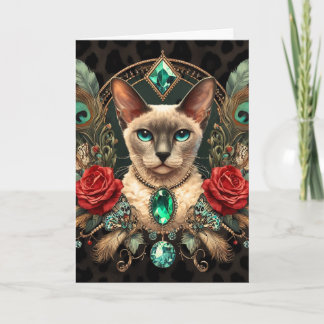 Birthday Card Siamese Cornish Rex Floral Vintage