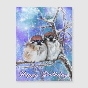 Birthday Card Sparrows Couple In Winter Painting