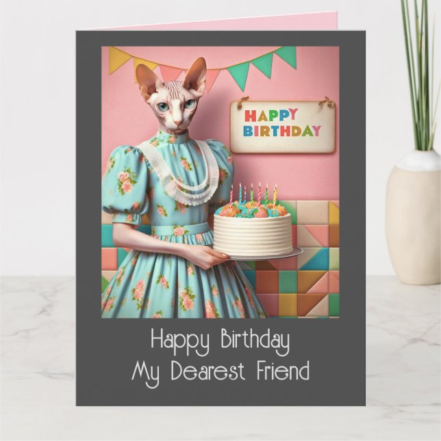 Birthday Card | Sphynx Cat Lady with Birthday Cake (Front)