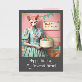 Birthday Card | Sphynx Cat Lady with Birthday Cake