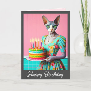 Birthday Card   Sphynx Cat Lady with Birthday Cake
