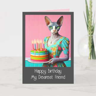 Birthday Card | Sphynx Cat Lady with Birthday Cake