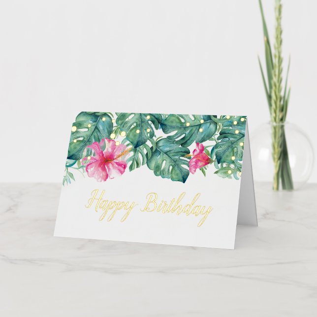 Birthday Card Tropical Leaves Pink Florals (Front)