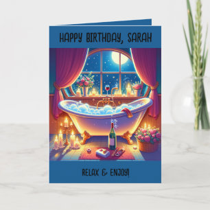 Birthday Card Vintage Roll Top Bath, Bubbles, Wine