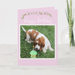 Birthday Card w/Basset Hound, Cupcakes, & Hearts