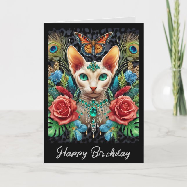 Birthday Card | White Sphynx Cat Butterfly Roses (Front)