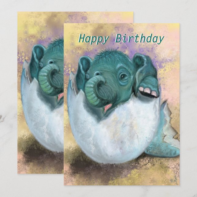 Birthday Card with Baby Elephant Hatching From Egg (Front/Back)