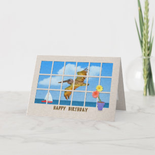 Birthday Card with Brown Pelican and Flowers
