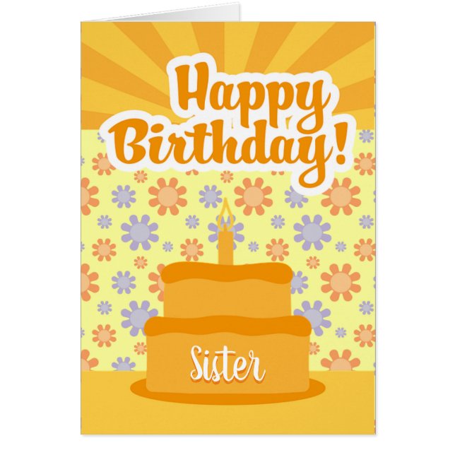 Birthday Card With Cake And Flowers For Sister (Front)