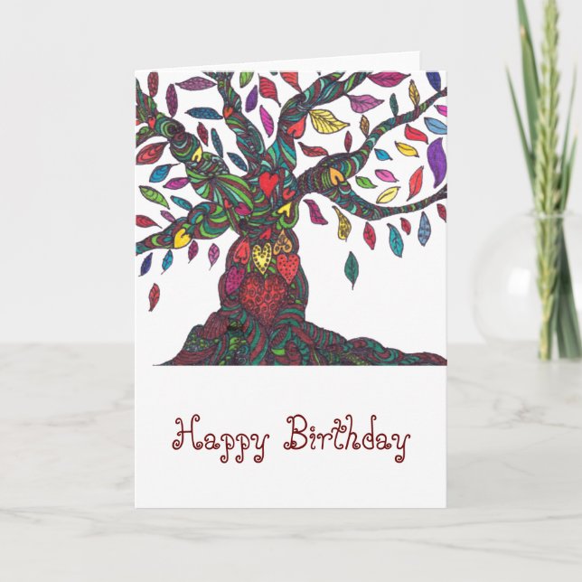 Birthday card with colorful tree and hearts (Front)