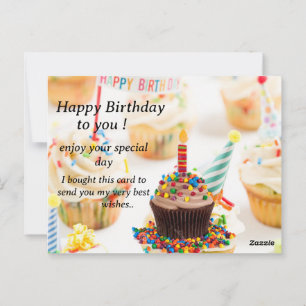 Birthday card with cupcake image and best wishes.