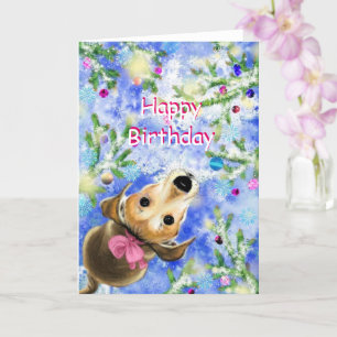 Birthday Card with Cute Pet Dog With Pink Ribbon