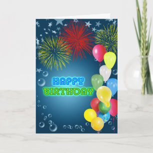 Birthday card with fireworks and balloons