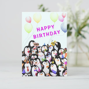 Birthday Card with Happy Penguins Party