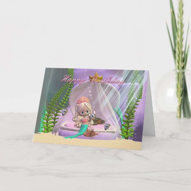 Birthday card with little mermaid and fish friends (Front)
