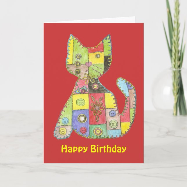 Birthday Card with patchwork cat (Front)