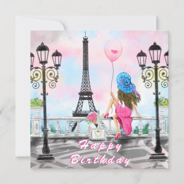 Birthday Card with Woman In Paris Eiffel Tower (Front)