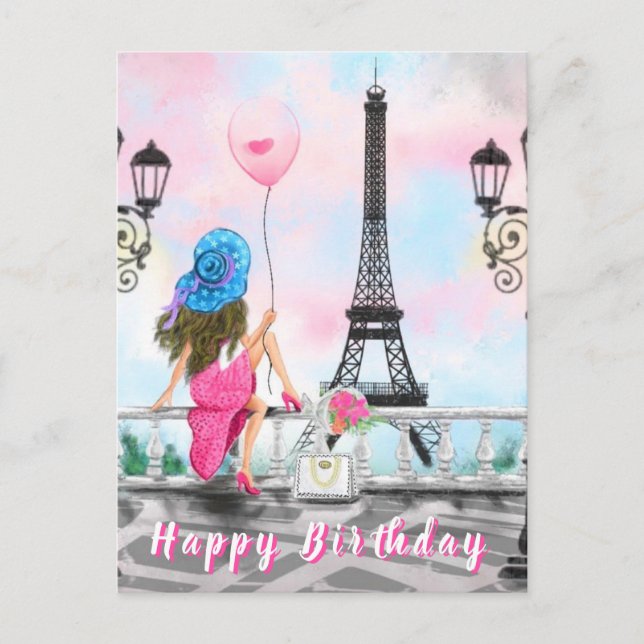 Birthday Card Woman with Pink Balloon In Paris (Front)