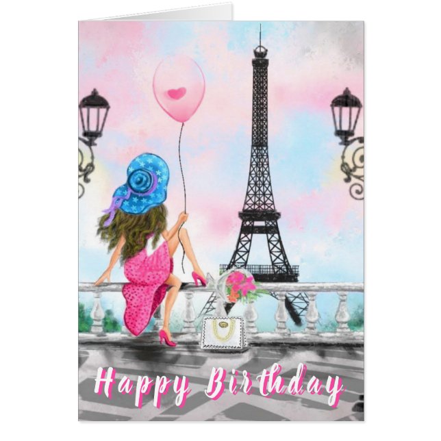 Birthday Card Woman with Pink Balloon In Paris (Front)