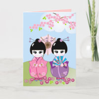 Birthday card wth Japanese dolls & Cherry blossoms