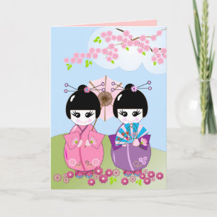Birthday card wth Japanese dolls & Cherry blossoms