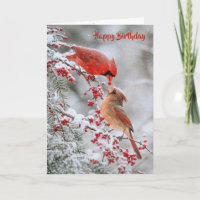 Birthday Cardinals with Red Berries in Winter