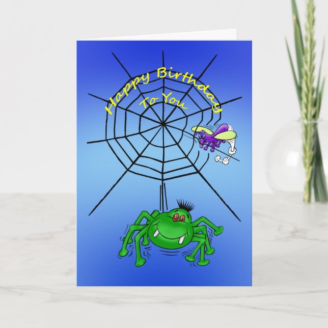 Birthday Cartoon Caricature of A Spider in a Web Card (Front)
