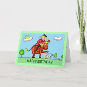 Birthday Cartoon Caricatures of Girl on Horse Card