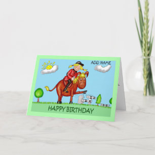 Birthday Cartoon Caricatures of Girl on Horse Card