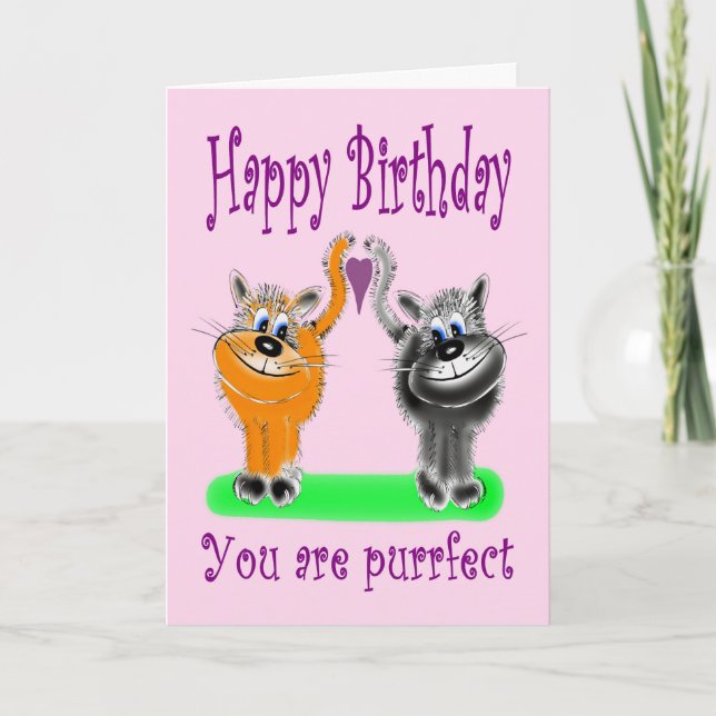 Birthday Cartoon Style Fluffy Cat Couple Card (Front)
