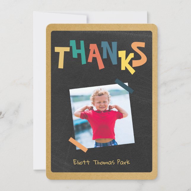 Birthday Cartoon Thanks Chalkboard Photo Thank You Card (Front)