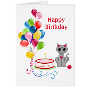 Birthday cat, cake & multicolored balloons on Card