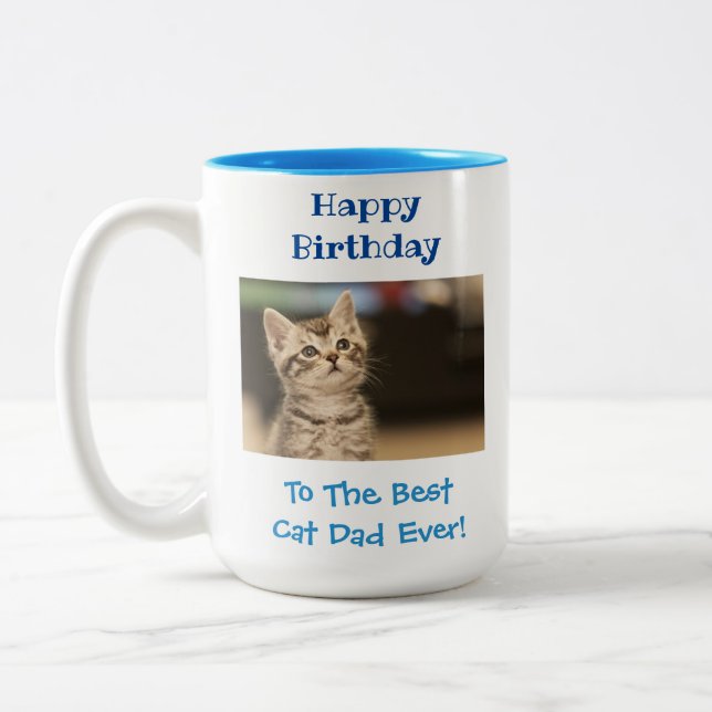 Birthday Cat Dad World's Best Ever Cute Pet Photo Two-Tone Coffee Mug (Left)