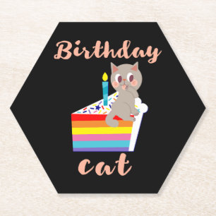 Birthday Cat - kawaii grey cat birthday Paper Coaster