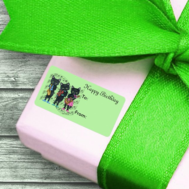 Birthday Cat Musicians on Heart of Music Notes Label (black Cats playing music instruments on bars of music notes on Happy Birthday gift tag labels.)