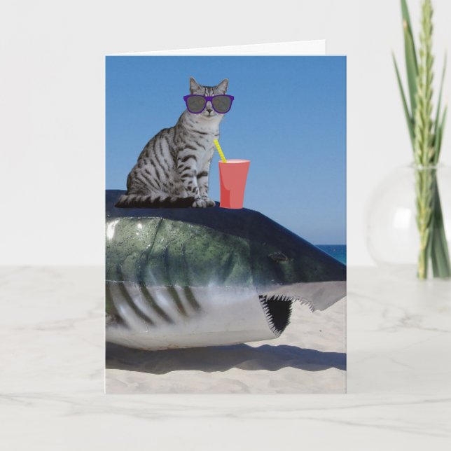BIRTHDAY CAT ON BEACH SHARK CARD (Front)