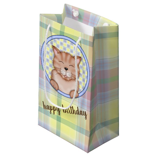 birthday cat on plaid small gift bag (Front Angled)