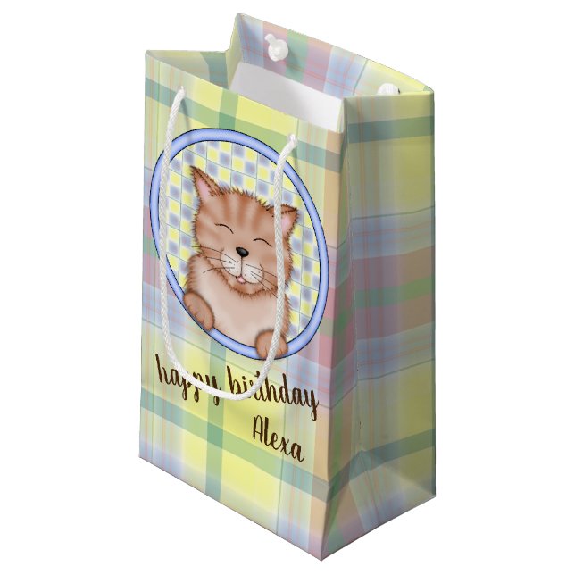 birthday cat on plaid with personal name small gift bag (Front Angled)