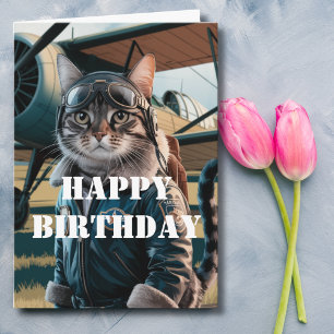 Birthday Cat Pilot & Aeroplane Cool Funny Aviation Card