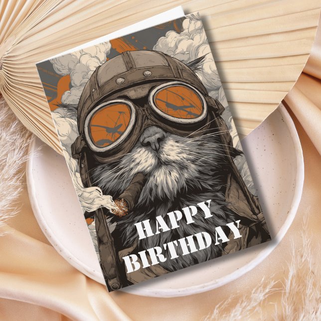 Birthday Cat Pilot Aviator Cool Funny Aviation Card (Creator Uploaded)