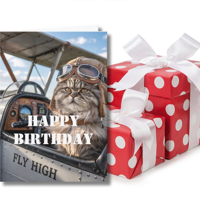 Birthday Cat Pilot Photo & Aeroplane Funny Aviatio Card (Creator Uploaded)