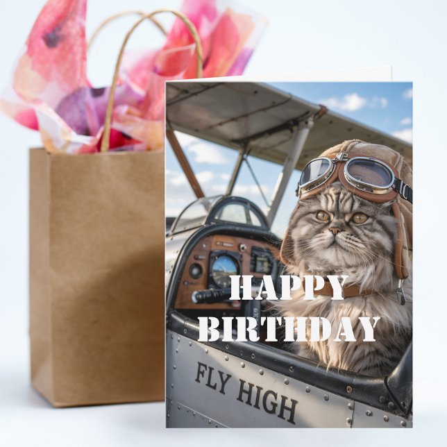 Birthday Cat Pilot Photo & Aeroplane Funny Aviatio Card (Creator Uploaded)