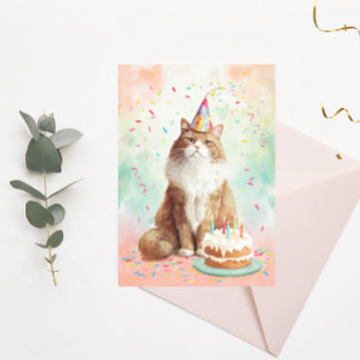 Birthday Cat Postcard – Cute Party Cat with Cake