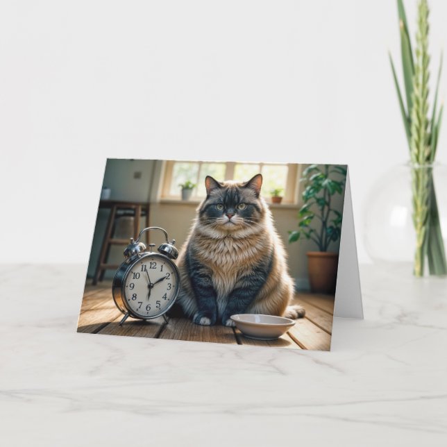 Birthday Cat Waiting By an Empty Food Bowl Card (Front)