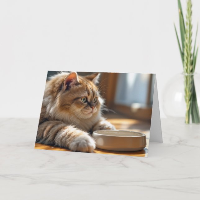 Birthday Cat Waiting By an Empty Food Bowl Card (Front)