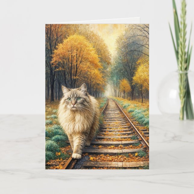 Birthday Cat Walking Down Railroad Tracks Card (Front)